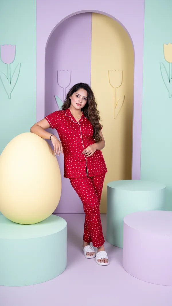 Maroon_Cotton_Sinker_Night_Dress_All_Over_Printed_Collar_Pyjama_Set_Half_Sleeves_For_Women