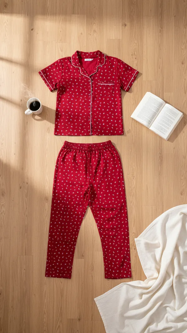Maroon_Cotton_Sinker_Night_Dress_All_Over_Printed_Collar_Pyjama_Set_Half_Sleeves_For_Women