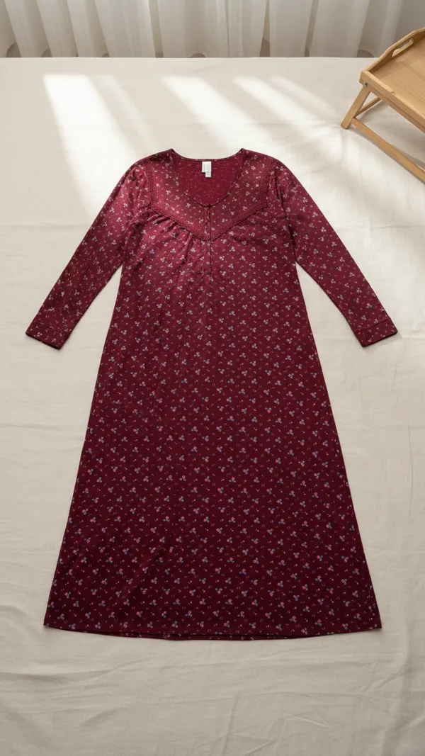 Maroon_Hosiery_Cotton_Printed_Nighty_Full_Sleeves_Night_Wear_U_Shaped_Neck_For_Women