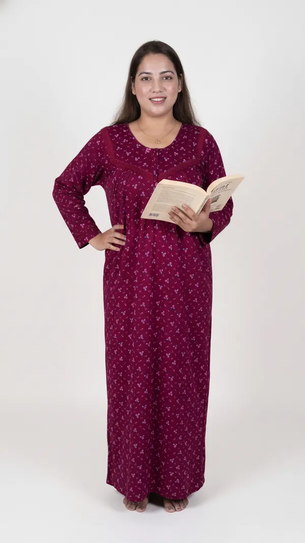 Maroon_Hosiery_Cotton_Printed_Nighty_Full_Sleeves_Night_Wear_U_Shaped_Neck_For_Women