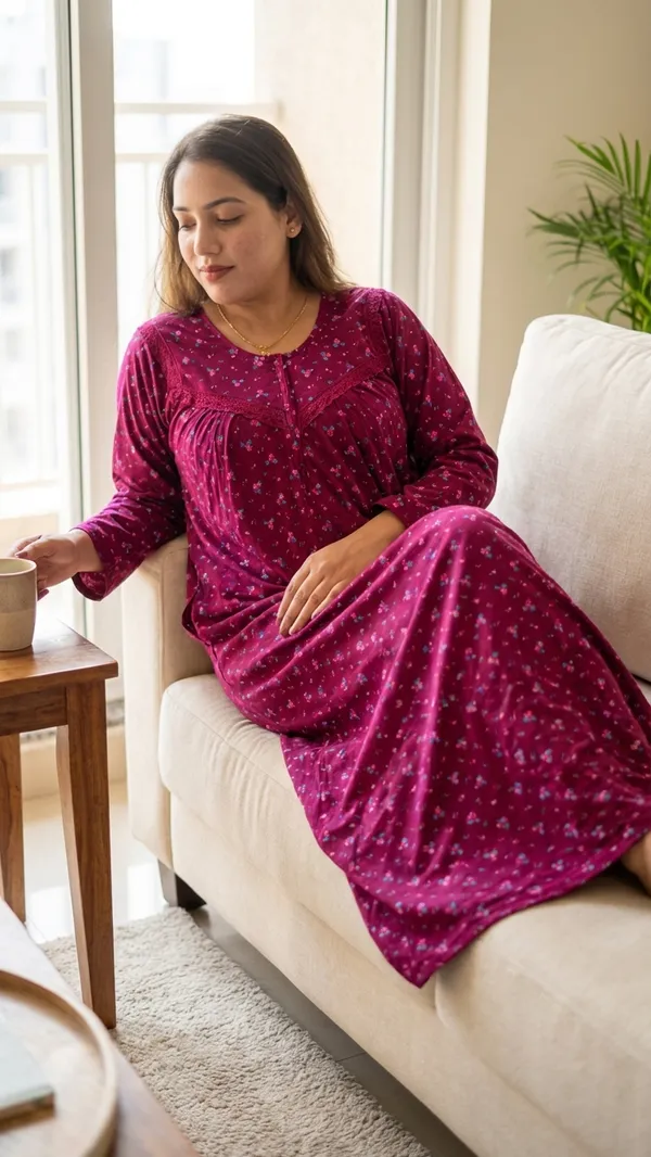Maroon_Hosiery_Cotton_Printed_Nighty_Full_Sleeves_Night_Wear_U_Shaped_Neck_For_Women