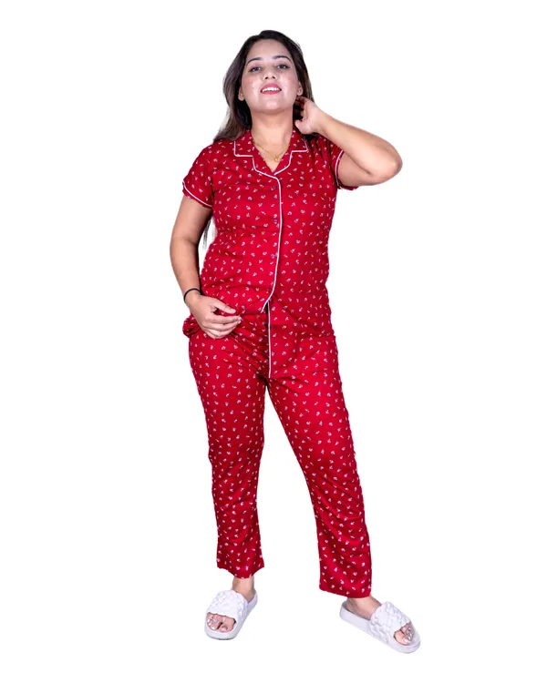 Maroon_Cotton_Sinker_Night_Dress_All_Over_Printed_Collar_Pyjama_Set_Half_Sleeves_For_Women