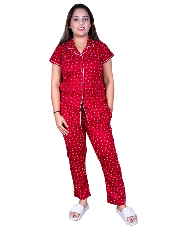 Maroon_Cotton_Sinker_Night_Dress_All_Over_Printed_Collar_Pyjama_Set_Half_Sleeves_For_Women