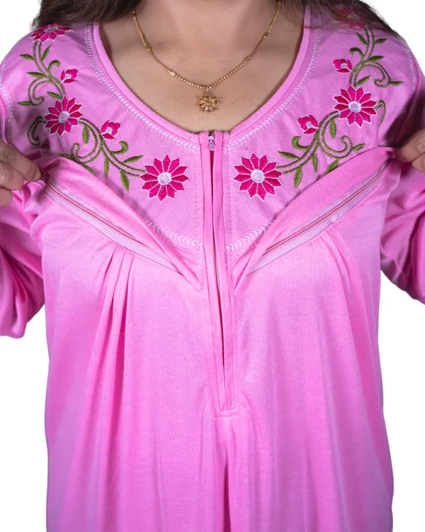 Light_Pink_Hosiery_Cotton_Feeding_Printed_Nighty_Full_Sleeves_Night_Wear_U_Shaped_Neck_For_Women