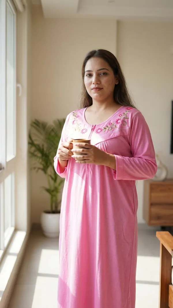 Light_Pink_Hosiery_Cotton_Feeding_Printed_Nighty_Full_Sleeves_Night_Wear_U_Shaped_Neck_For_Women