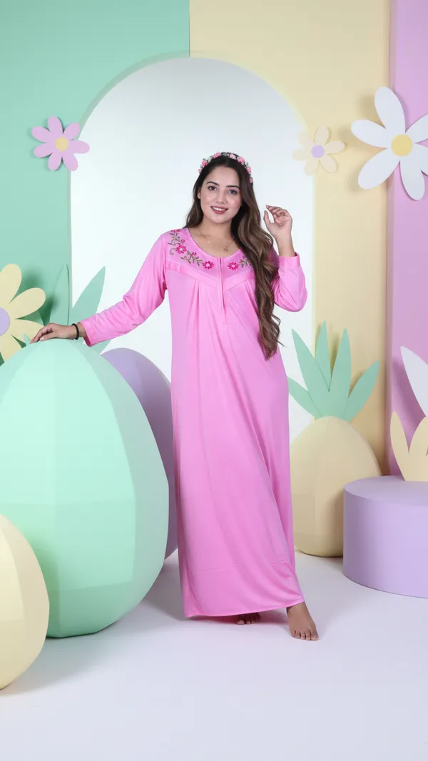 Light_Pink_Hosiery_Cotton_Feeding_Printed_Nighty_Full_Sleeves_Night_Wear_U_Shaped_Neck_For_Women