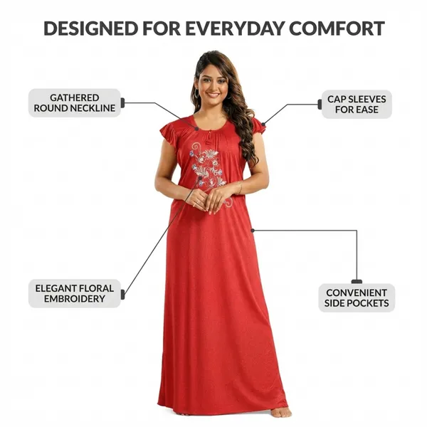 Red_Floral_Cotton_Night_Dress_Half_Sleeves_For_Women