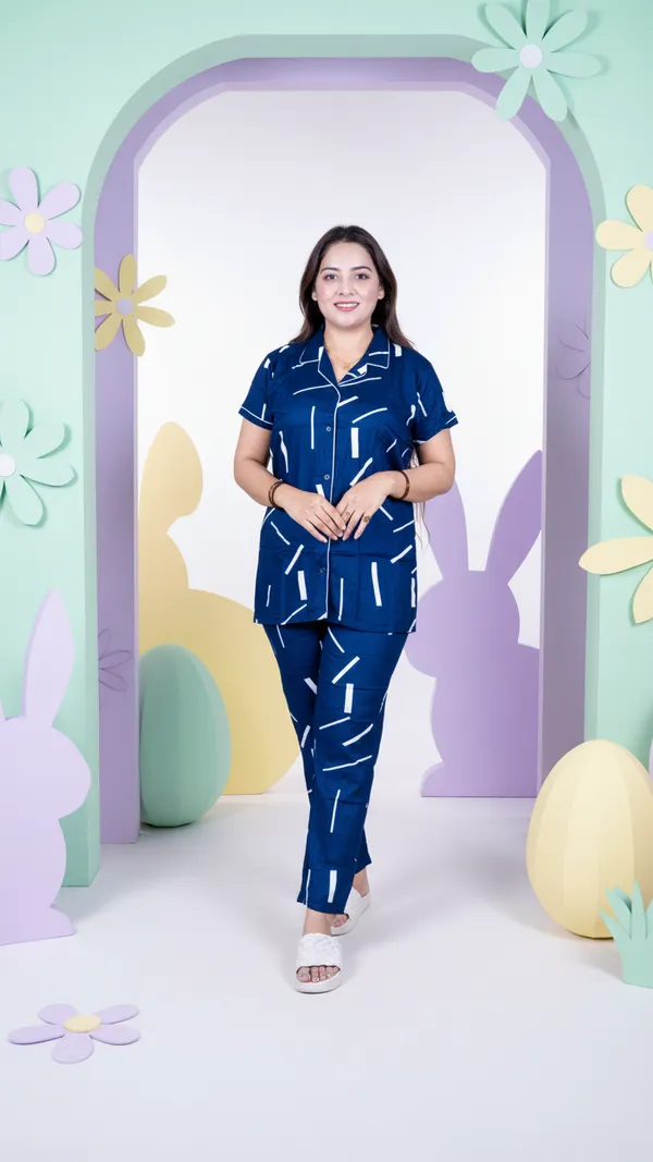 Blue_Cotton_Rayon_Pyjama_Set_Printed_Nighty_Half_Sleeves_Night_Wear