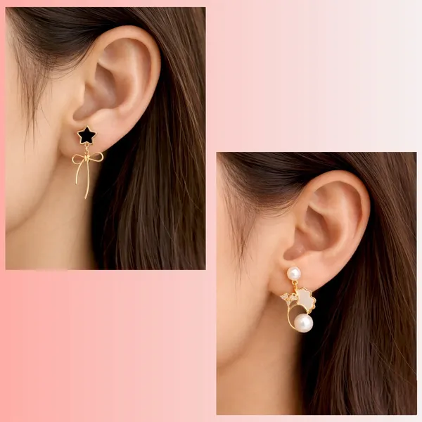 Gold_Plated_Black_Star_Bow_Drop_Earrings_And_Pearl_And_White_Floral_Drop_Earrings_For_Women_Pack_Of_2