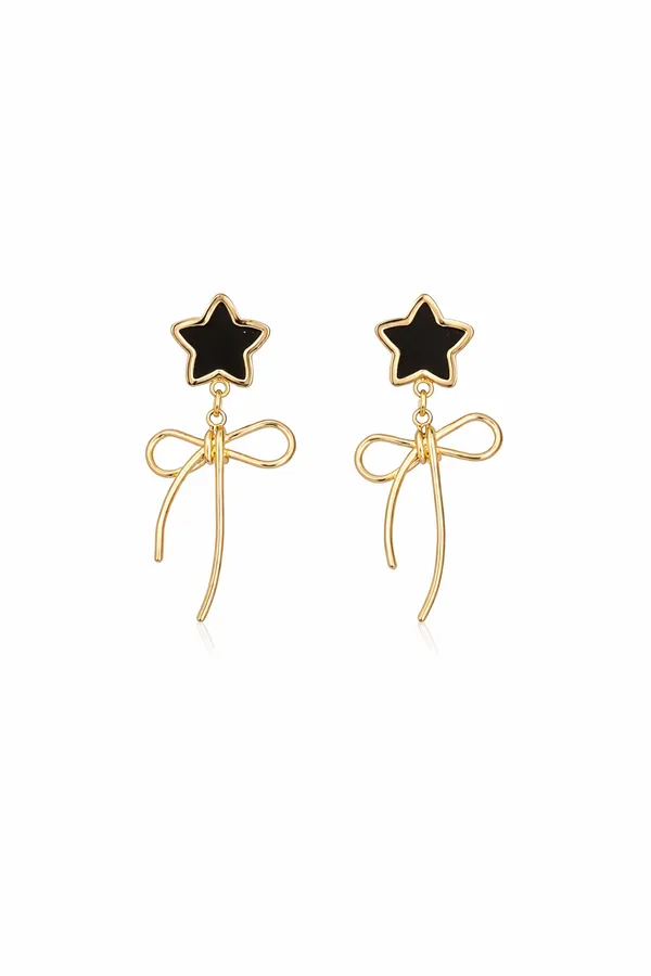 Gold_Plated_Black_Star_Bow_Drop_Earrings_For_Women_And_Girls