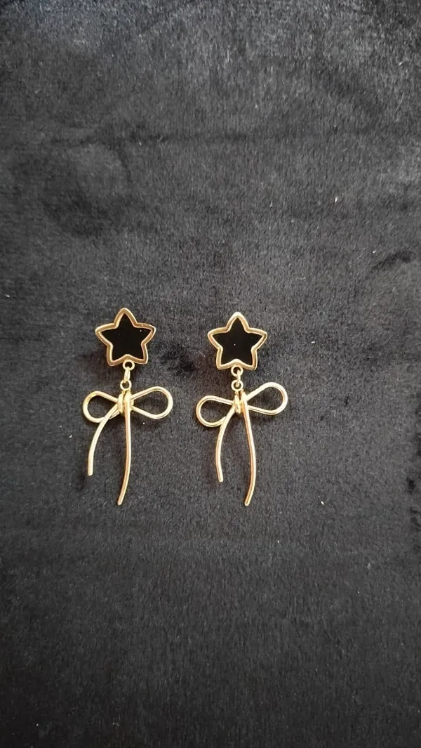 Gold_Plated_Black_Star_Bow_Drop_Earrings_For_Women_And_Girls