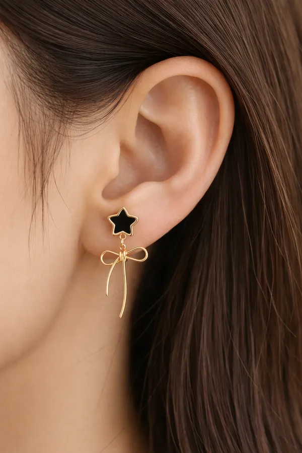 Gold_Plated_Black_Star_Bow_Drop_Earrings_For_Women_And_Girls