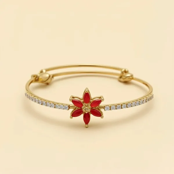 Gold_Toned_Bracelet_With_Central_Star_Shaped_Motiff_Of_Red_Gemstones_In_Floral_Setting