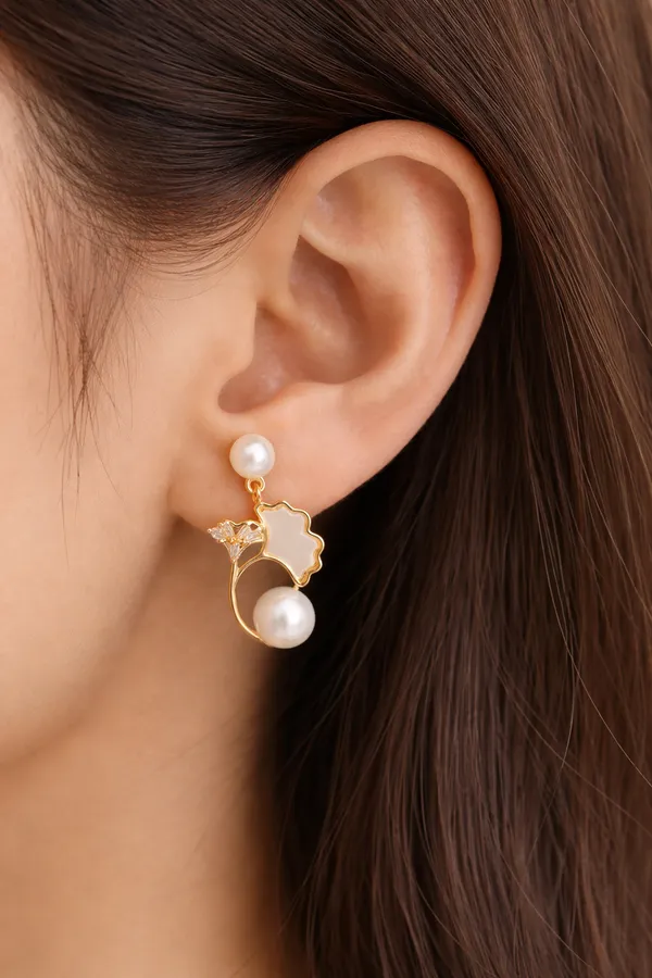Gold_Plated_Black_Star_Bow_Drop_Earrings_And_Pearl_And_White_Floral_Drop_Earrings_For_Women_Pack_Of_2