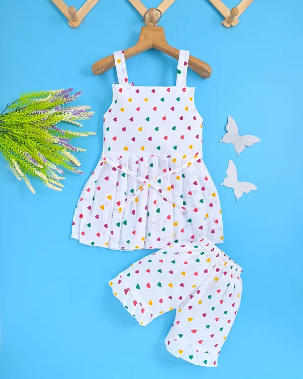 White_With_Multicolor_Heart_Print_Sleeveless_Top_And_Shorts_Set_For_Kids