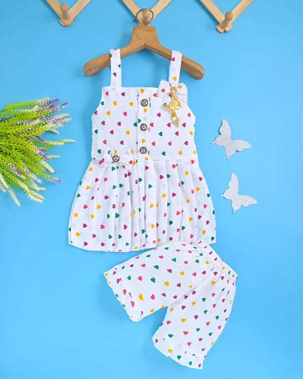 White_With_Multicolor_Heart_Print_Sleeveless_Top_And_Shorts_Set_For_Kids