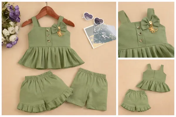 Green_Baby_Soft_Cotton_Summer_Stylish_Sleeveless_Top_And_Shorts_Set_With_Bow_For_Kids
