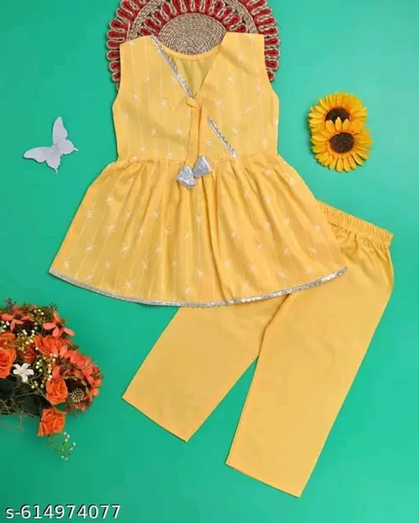 Mustard_Yellow_Sleeveless_Printed_Kurti_Top_With_Pants_Set_For_Kids