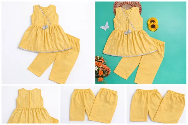 Mustard_Yellow_Sleeveless_Printed_Kurti_Top_With_Pants_Set_For_Kids