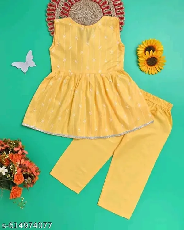 Mustard_Yellow_Sleeveless_Printed_Kurti_Top_With_Pants_Set_For_Kids