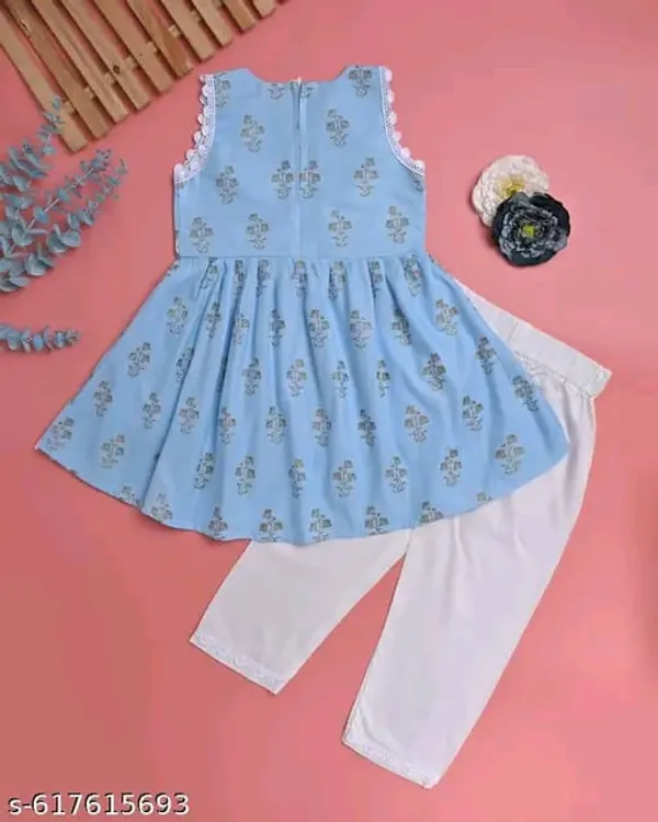 Sky_Blue_And_White_Printed_Sleeveless_Kurti_With_Pant_Set_For_Kids