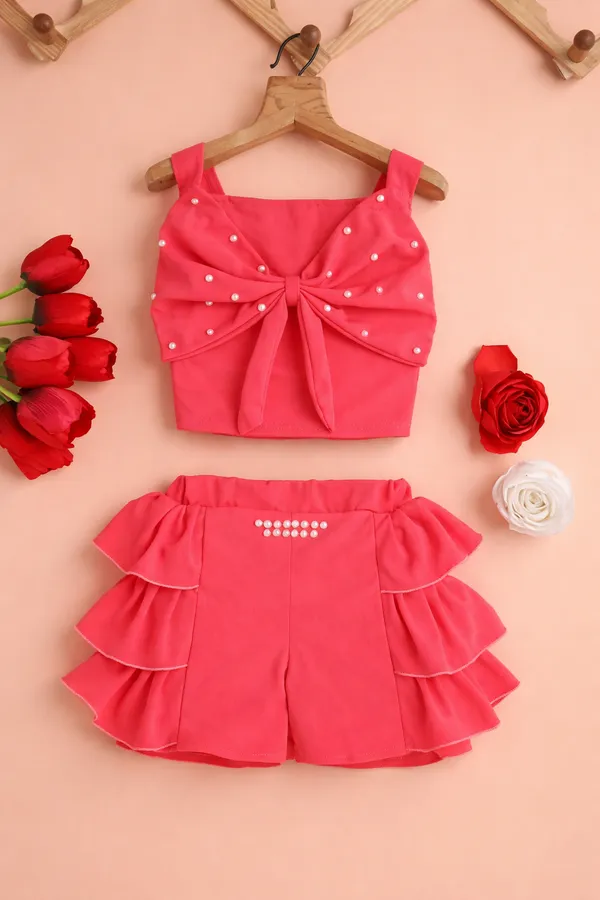 Orange_Red_Stylish_Pearl_Bow_Crop_Top_With_Layered_Ruffle_Shorts_Set_For_Kids(Pack_Of_2)
