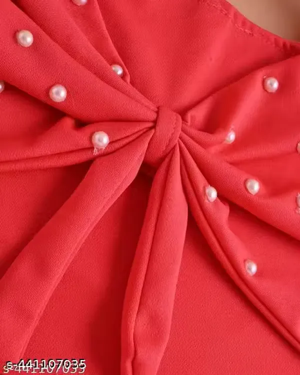 Orange_Red_Stylish_Pearl_Bow_Crop_Top_With_Layered_Ruffle_Shorts_Set_For_Kids(Pack_Of_2)