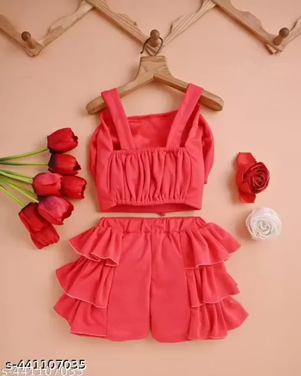Orange_Red_Stylish_Pearl_Bow_Crop_Top_With_Layered_Ruffle_Shorts_Set_For_Kids(Pack_Of_2)