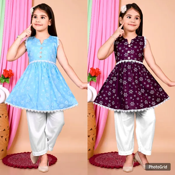 Sky_Blue_And_White_Stylish_Party_And_Festive_Wear_Outfit_Sleeveless_Printed_Kurti_With_Palazzo_Set_For_Kids(Pack_Of_2)