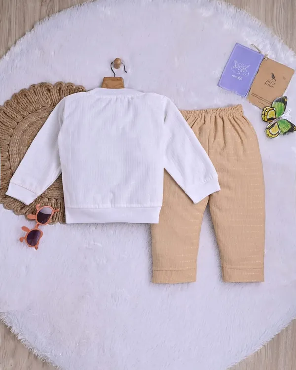 White_And_Beige_Cotton_Cartoon_Print_Top_And_Bottom_Clothing_Set_For_Kids