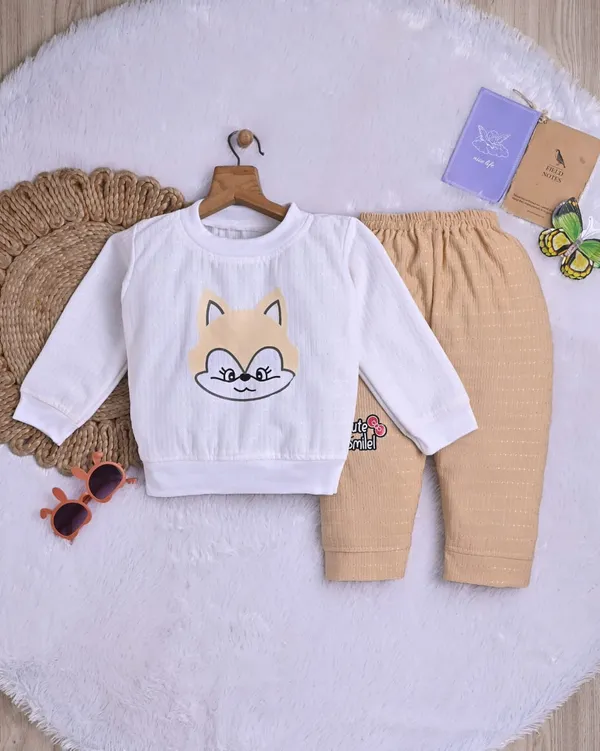 White_And_Beige_Cotton_Cartoon_Print_Top_And_Bottom_Clothing_Set_For_Kids