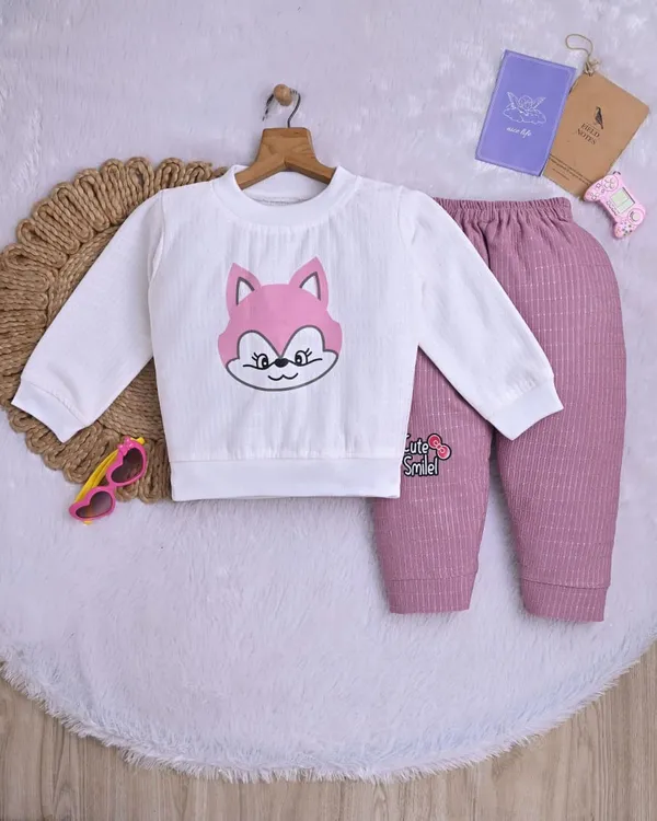 White_And_Rose_Pink_Cotton_Cartoon_Print_Top_And_Bottom_Clothing_Set_For_Kids