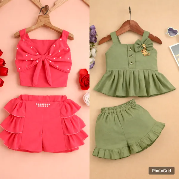 Orange_Red_Stylish_Pearl_Bow_Crop_Top_With_Layered_Ruffle_Shorts_Set_For_Kids(Pack_Of_2)