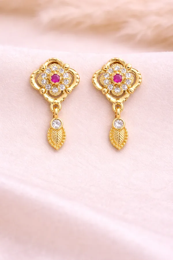 Gold_Plated_Alloy_Floral_Drop_Earrings_With_Red_Stone_For_Women