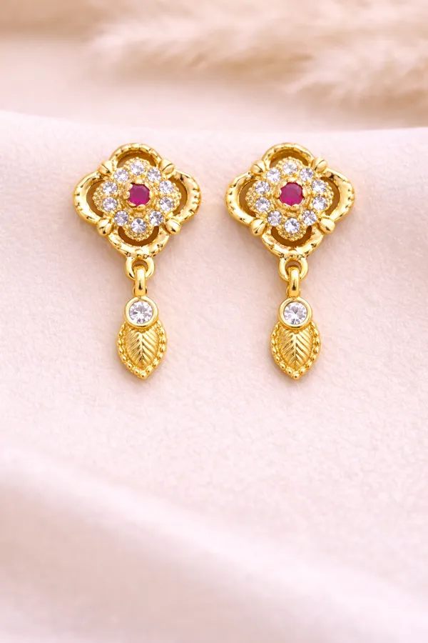 Gold_Plated_Alloy_Floral_Drop_Earrings_With_Red_Stone_For_Women