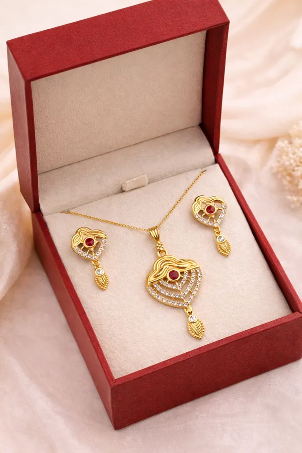 Gold_Plated_Alloy_Heart_Shape_Pendant_&_Earrings_Set_With_Red_Stone_For_Women
