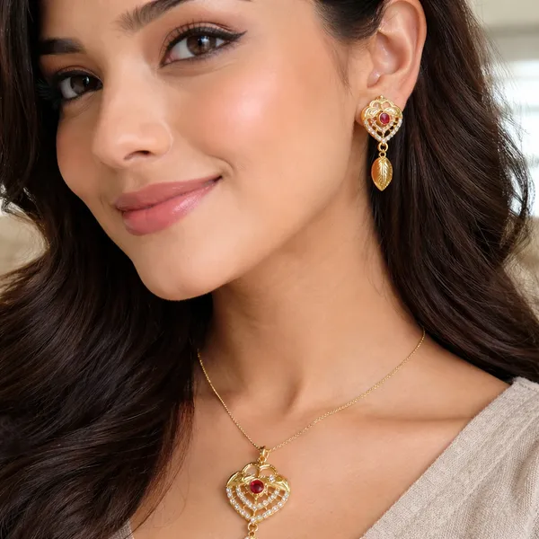 Gold_Plated_Alloy_Heart_Shape_Pendant_&_Earrings_Set_With_Red_Stone_For_Women
