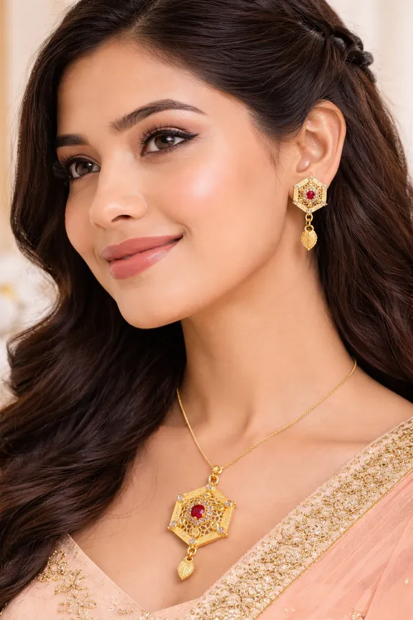 Gold_Plated_Alloy_Hexagon_Floral_Jewellery_Set_With_Red_Stone_For_Women
