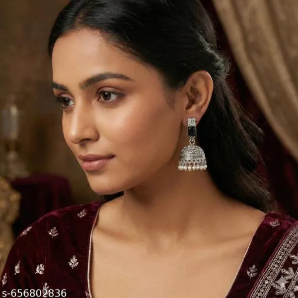 Silver_Alloy_Traditional_Jhumka_Earrings_With_Black_Stone_&_Pearl_Drops_For_Women