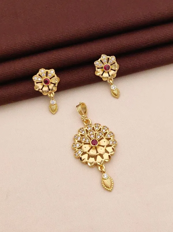 Gold_Plated_Alloy_Floral_Pendant_&_Earrings_Set_With_Red_Stone_For_Women