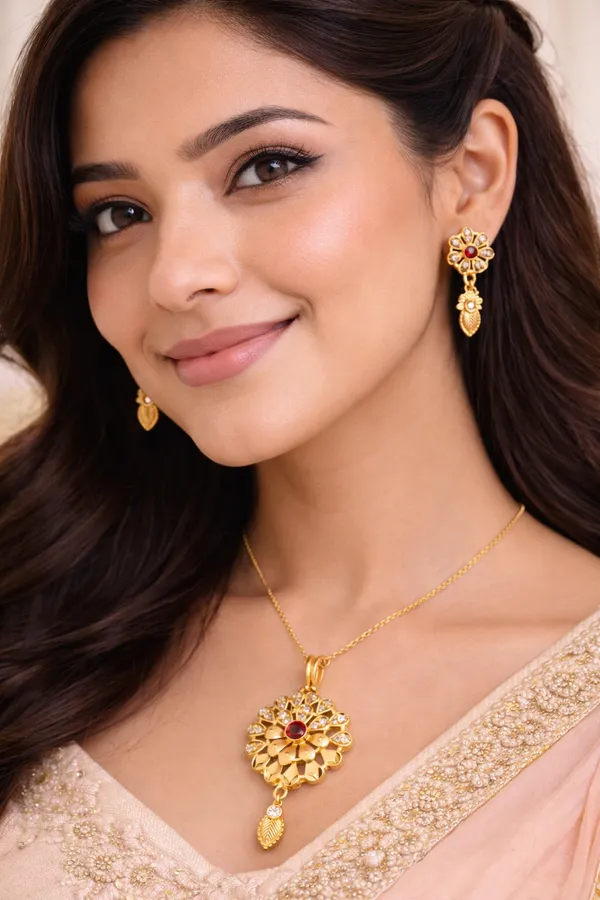 Gold_Plated_Alloy_Floral_Pendant_&_Earrings_Set_With_Red_Stone_For_Women