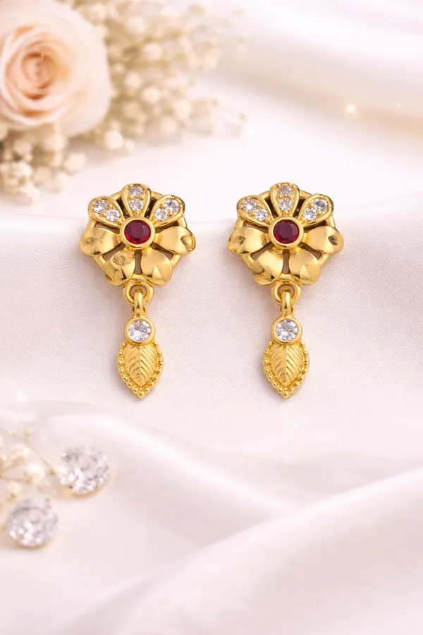 Gold_Plated_Alloy_Floral_Drop_Earrings_With_Red_Stone_For_Women