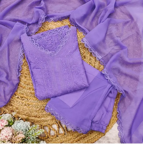 Lavender_Georgette_Chikankari_Embroidery_Kurta_With_Pant_&_Dupatta_For_Women