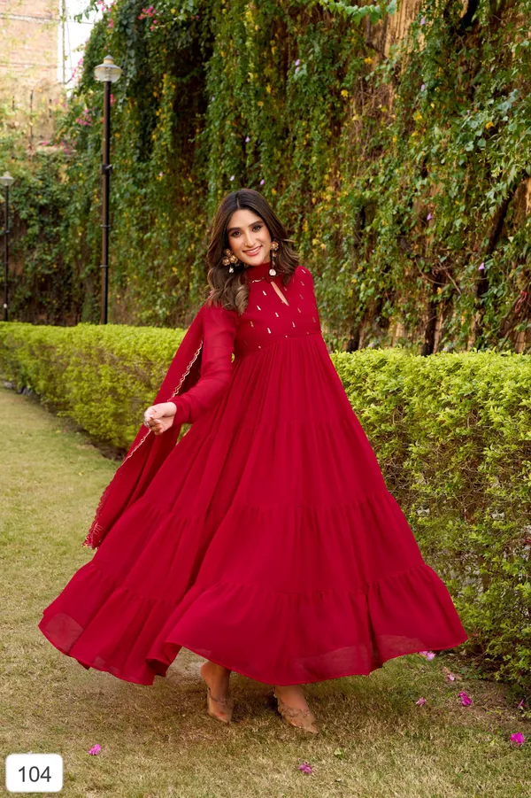 Maroon_Flared_Anarkali_Dress_With_Foil_Work_With_Pant_And_Dupatta_For_Women
