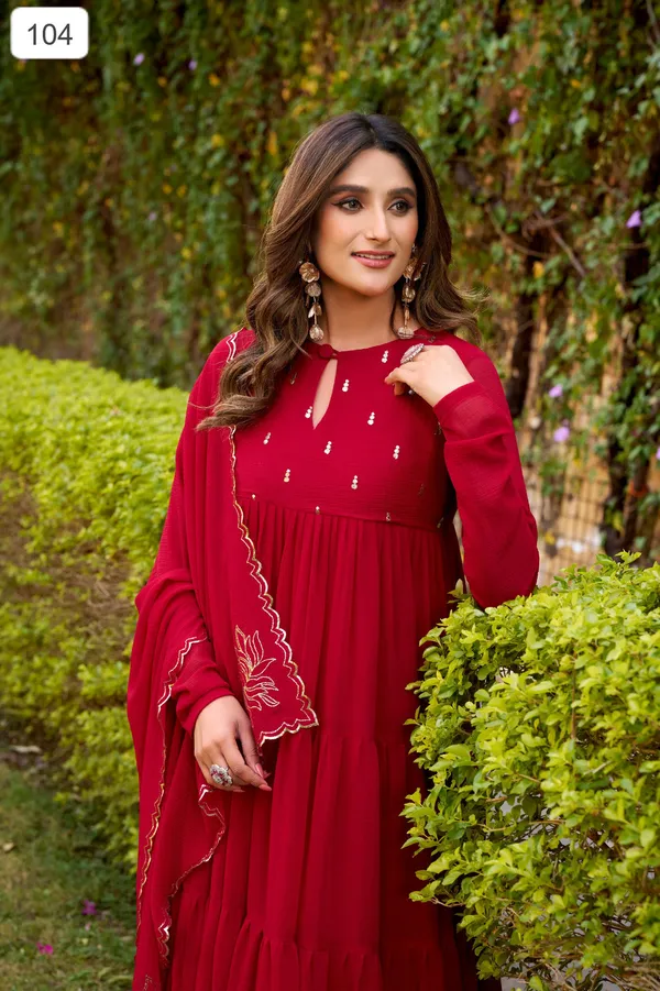 Maroon_Flared_Anarkali_Dress_With_Foil_Work_With_Pant_And_Dupatta_For_Women
