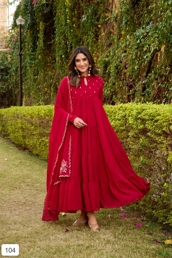 Maroon_Flared_Anarkali_Dress_With_Foil_Work_With_Pant_And_Dupatta_For_Women