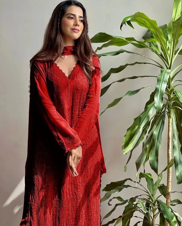 Red_Georgette_Chikankari_Embroidery_Kurta_With_Pant_&_Dupatta_For_Women