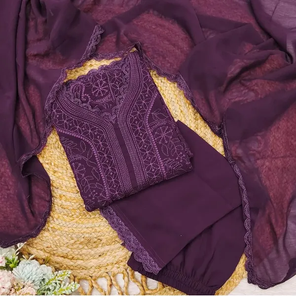 Wine_Georgette_Chikankari_Embroidery_Kurta_With_Pant_&_Dupatta_For_Women