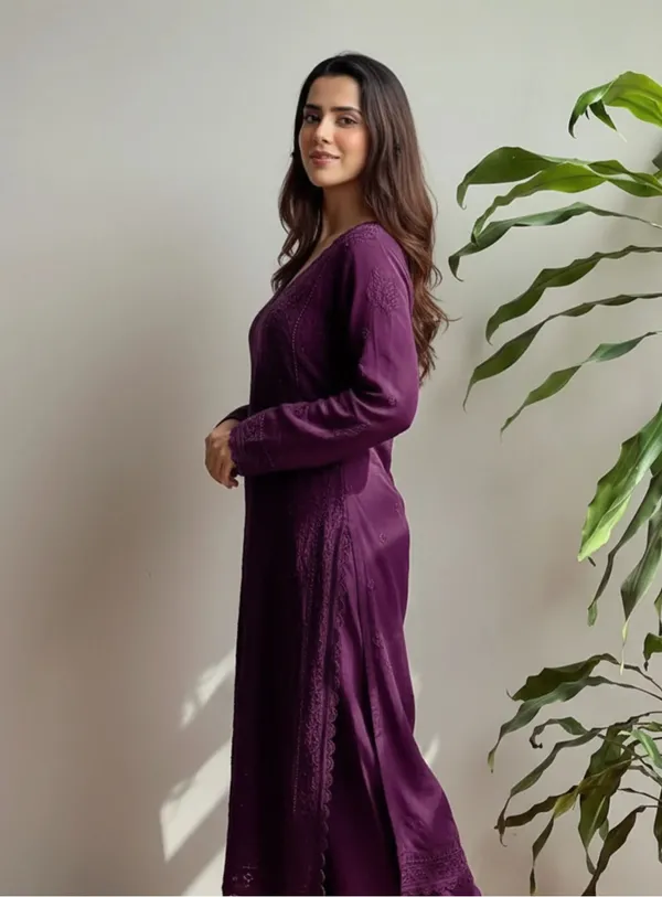 Wine_Georgette_Chikankari_Embroidery_Kurta_With_Pant_&_Dupatta_For_Women