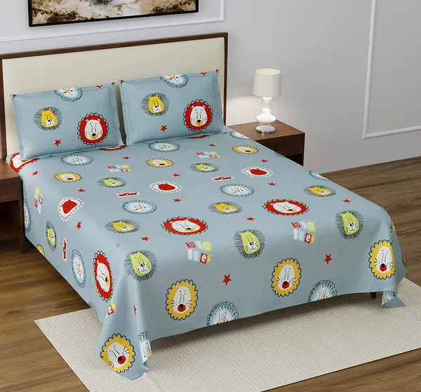 Grey_100%_Microfiber_180_Tc_Kids_Cute_Lion_Cartoon_Printed_Double_Bedsheet_Queen_Size_With_2_Pillow_Covers_90_X_108_Inches